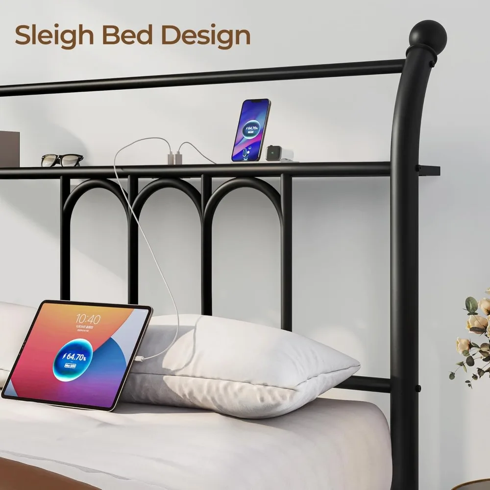 cama. Estrutura de cama de solteiro com estação de carregamento USB, estrutura de cama LED com cabeceira de armazenamento, cama de plataforma de metal preto de 14 polegadas com trenó