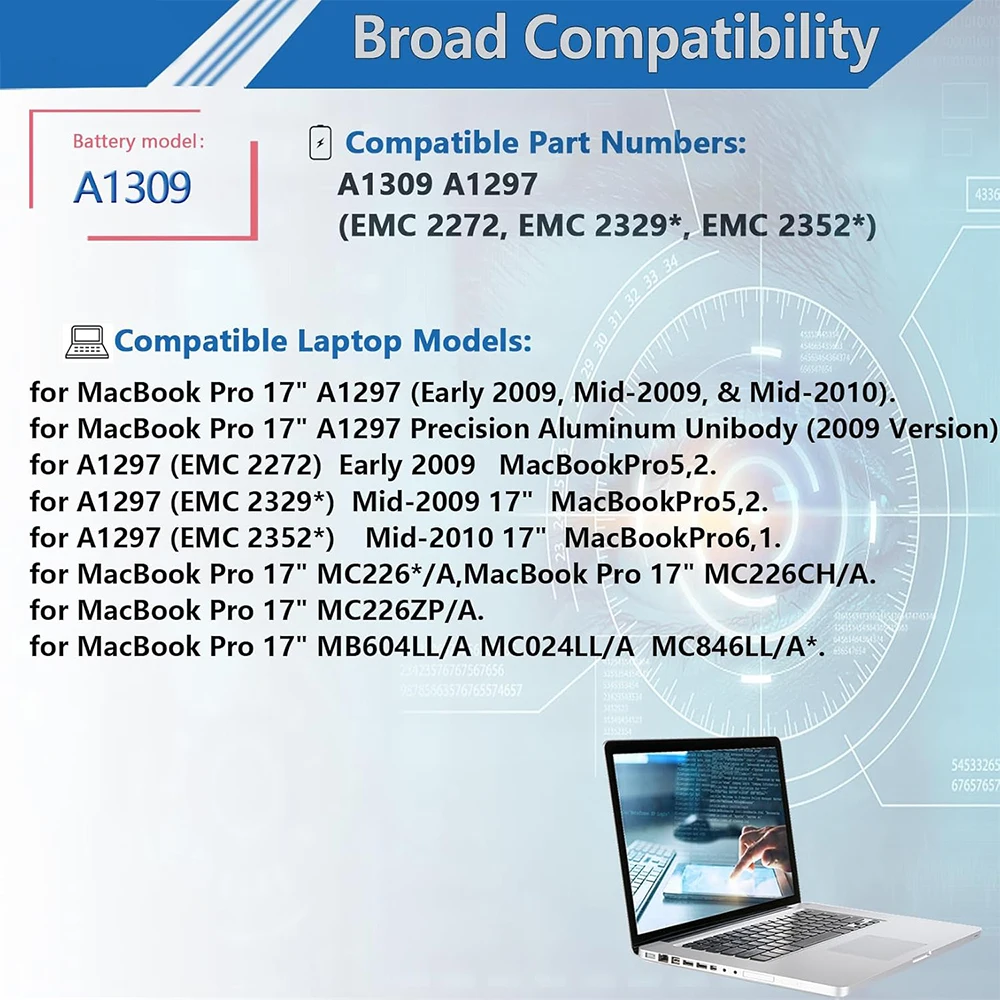 Bateria de substituição para laptop A1309 para MacBook Pro 17 polegadas A1297 (apenas cabe na versão Mid2009 Mid2010 do início de 2009), adequada para MC226/A