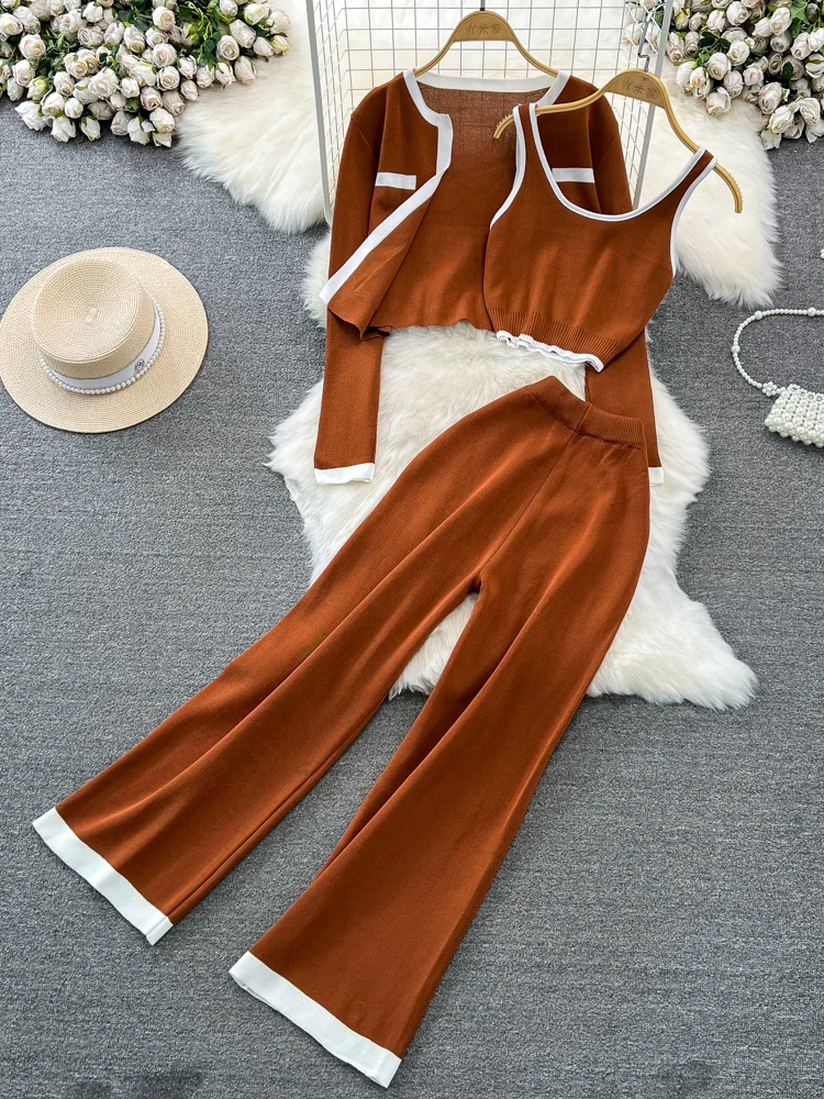 Fashionable Korean Style Long Sleeve Color Block Knitted Cardigan Vest High Waist Slim Straight Leg Pants Three Piece Set for...