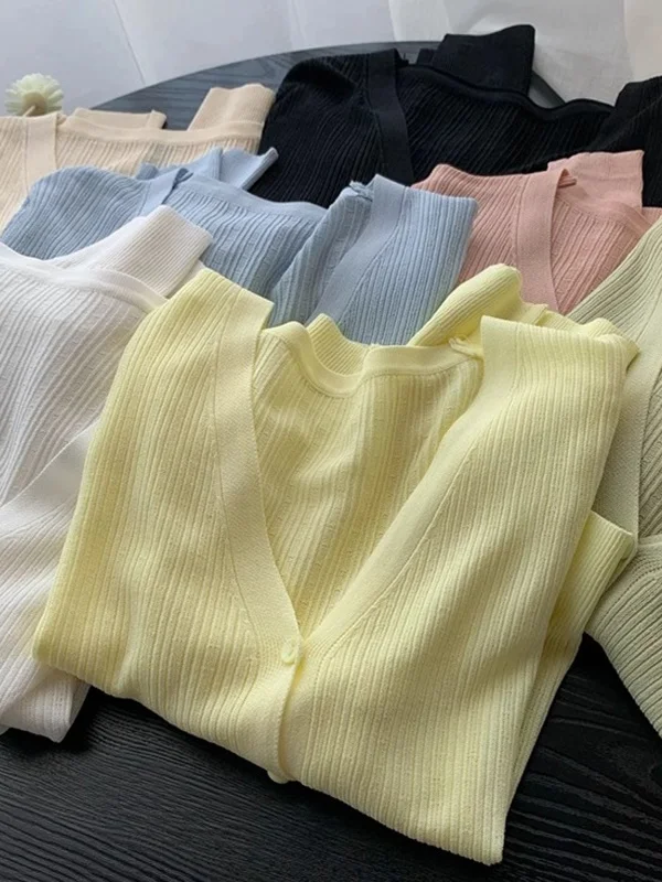 Plus Size Ice Silk Long Sve Cardigan de malha feminino verão cor pura V-Ne ar condicionado top ort Sle coreano Sle...