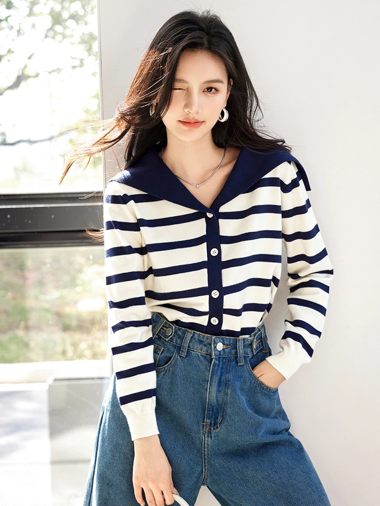 Fashion Navy Collar Knit Cardigan Women Design Sense Niche Long Sleeve Contrasting Color Sweater Retro Casual Loose Short Tops