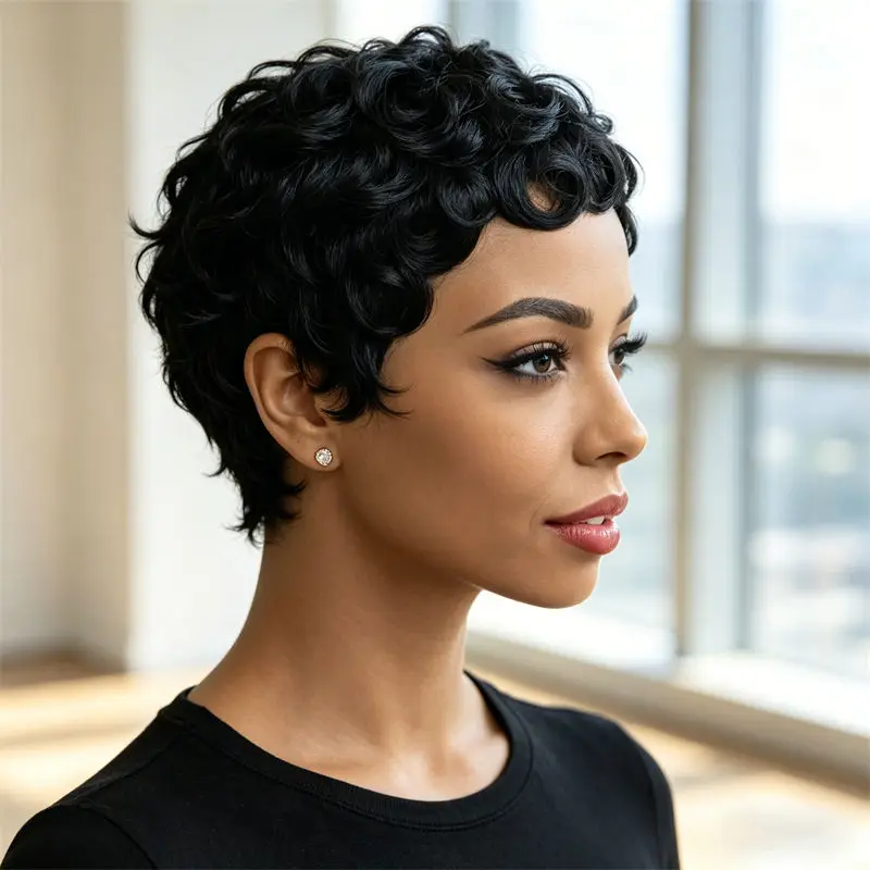 Short Curly Wig For Women Pixie Cut Brazilian Remy Human Hair Full Machine Made With Bangs Soft Breathable For Festivals Cosplay