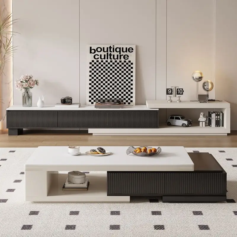 Black and white coffee table TV cabinet, living room household retractable combination rock panel TV cabinet