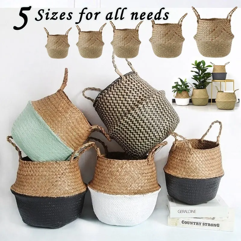 Handmade Storage Baskets Foldable Clthoes Laundry Straw Patchwork Wicker Rattan Seagrass Belly Garden Flower Pot Plante Baskets