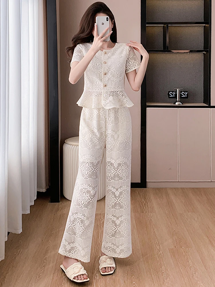 New Summer Elegant Women O Neck Single Breasted Ruffles Lace Two Piece Set Hollow Out Short Tops + Wide Leg Pants Office Suit