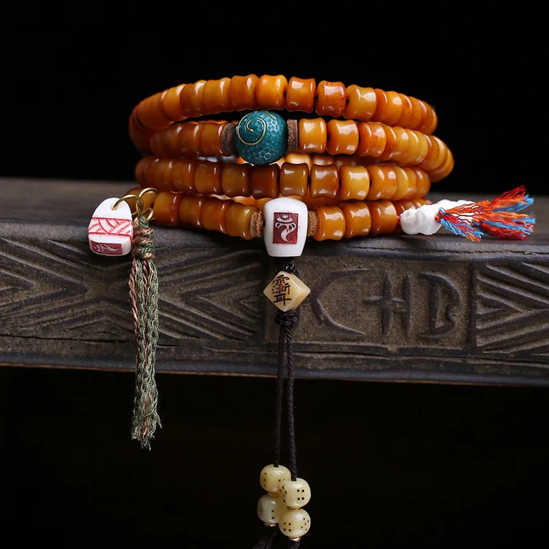 Hand-Held 108-Bead Buddhist Prayer Beads Made Of Yak, With Obsidian And Deer Bone Connectors