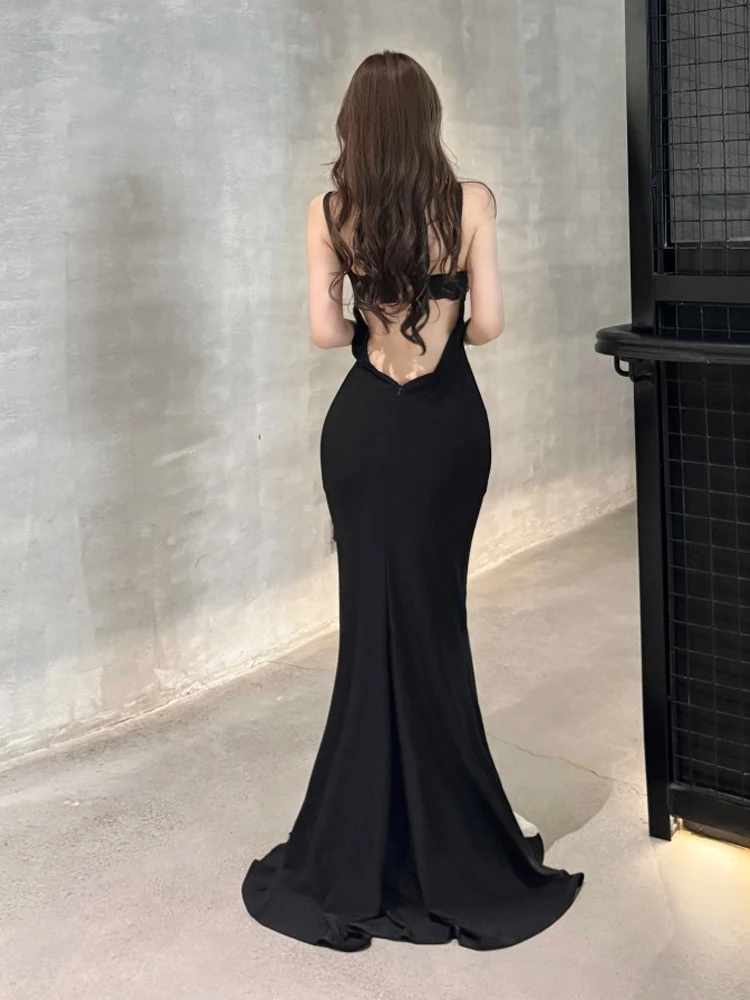 فستان ماكسي شفاف من Foamlina فستان نسائي مثير مزين بالزهور وفتحة رقبة على شكل V عميقة بدون أكمام فستان نحيف للحفلات المسائية