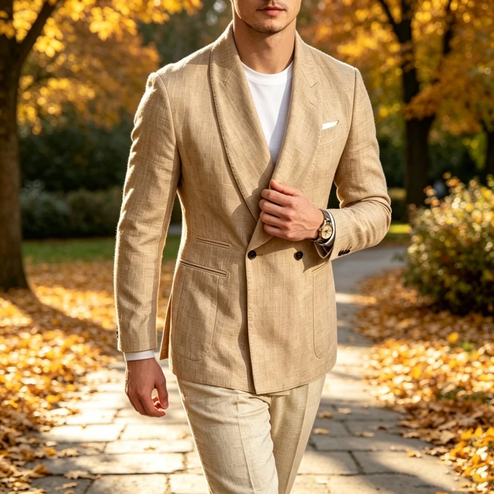 Men's Linen Blazer Double Breasted Shawl Lapel Slim Fit Suit Jacket Casual Business Formal Wedding Tuxedo Coat for Spring Summer