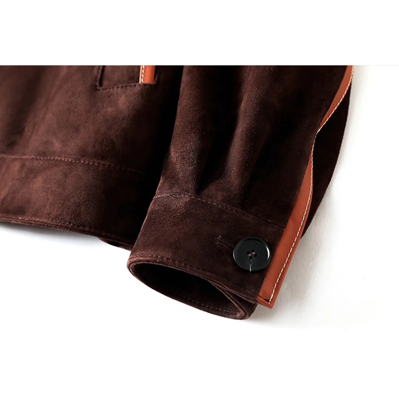 Chaquetas de piel de cabra importadas de piel auténtica para mujer, chaquetas de piel de oveja informales a rayas con empalme de café Retro para otoño e invierno, 2025