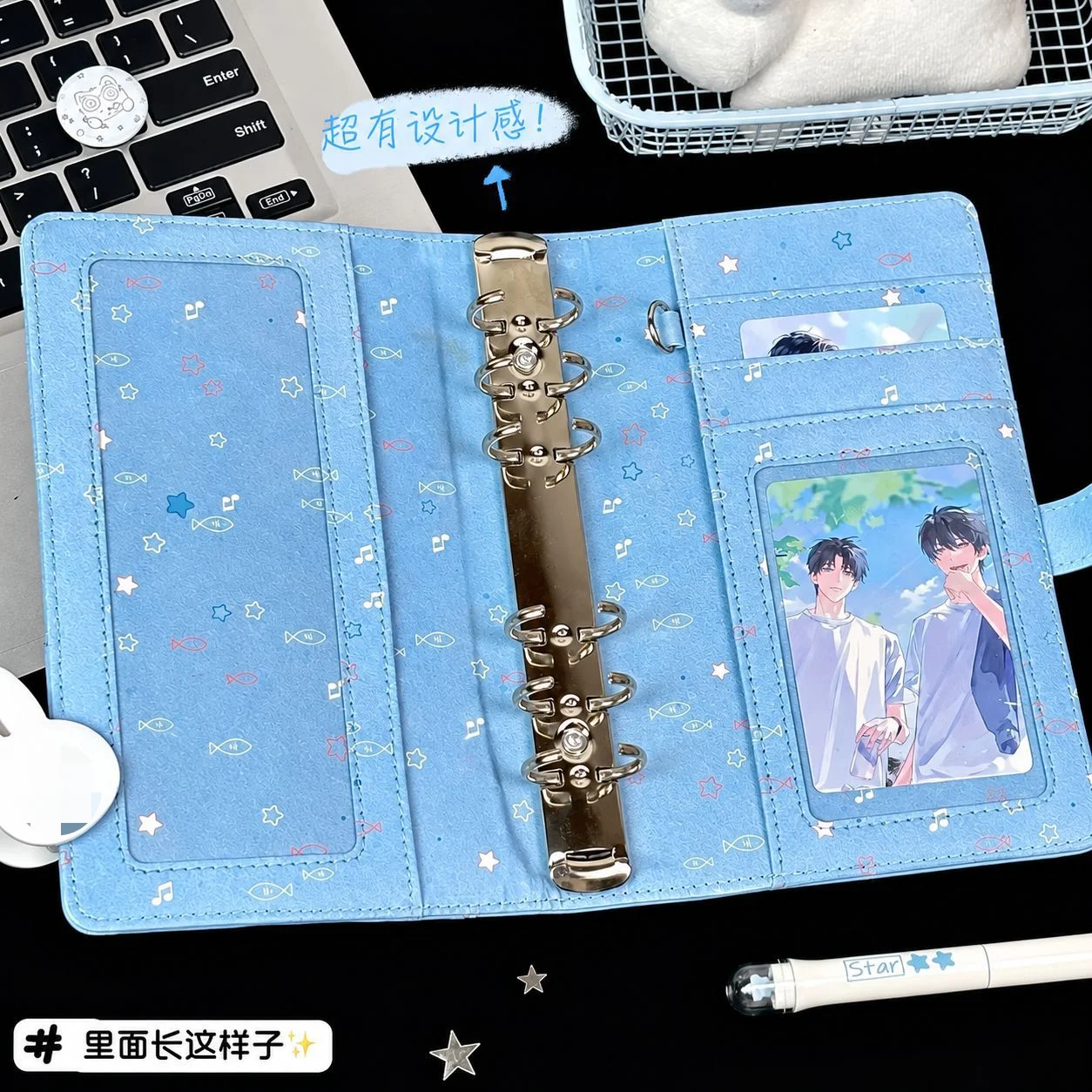 Blue Vinyl Record A6 PU Leather Loose Leaf Notebook Magnetic Waterproof for Students School Stationery