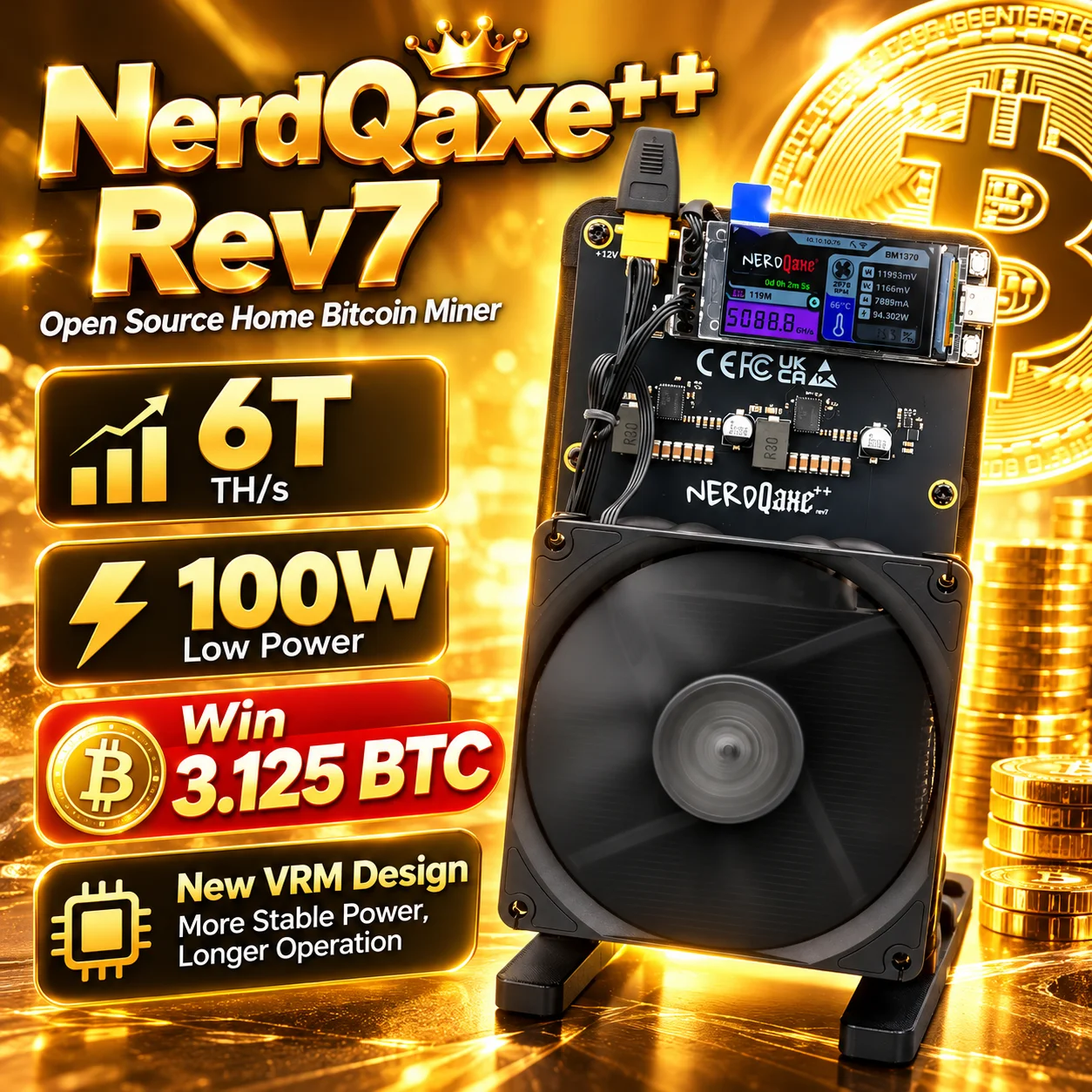Open Source NerdQaxe++ Rev7 6Th/s 100W SHA-256 Solo-Miner mit 12V 10A Netzteil für Kryptowährungs-Mining