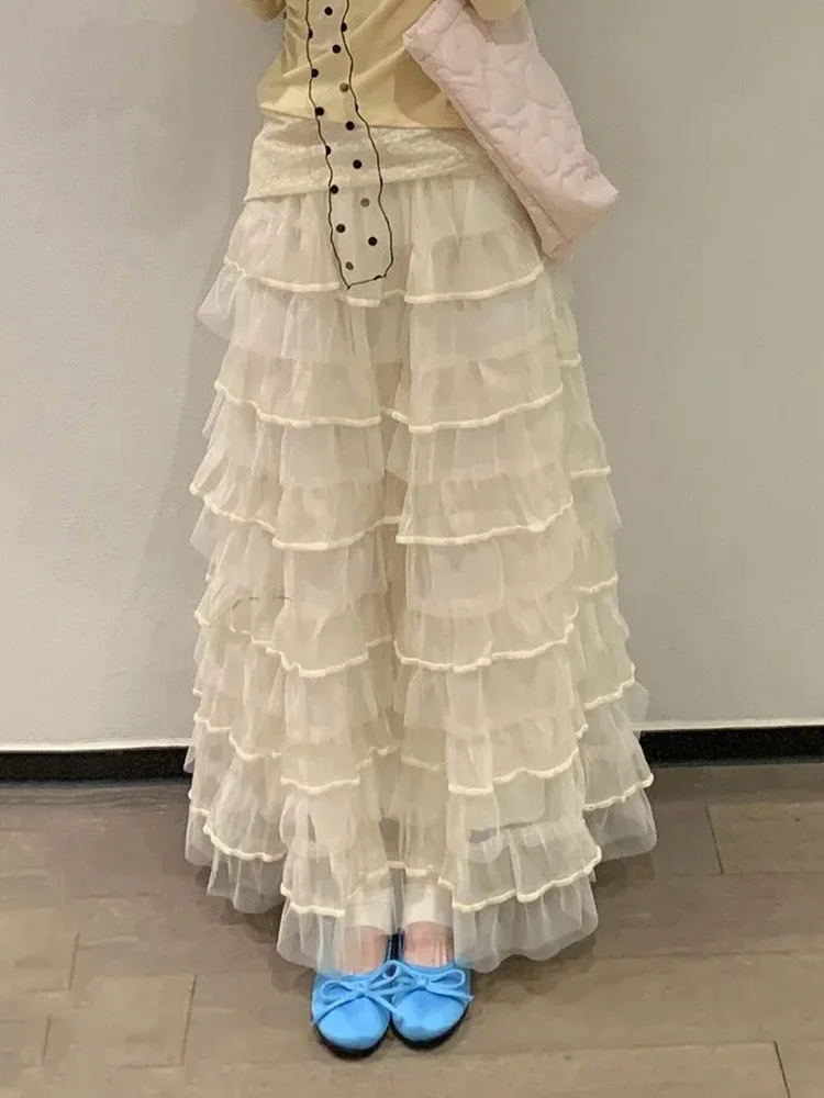 Mesh Sweet Cake Long Skirt Women Vintage High Waist Ruffles Loose Skirts French Retro Casual Spring Elegant Solid Long Skirts