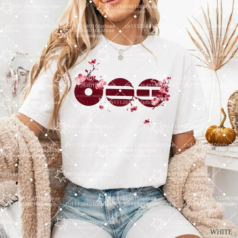 Koreanisches T-Shirt mit traditionellem Kirschblütenmuster für Damen, Arirang Tour Support, vielseitig bedruckt, kurze Ärmel