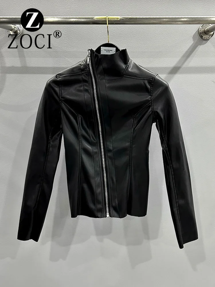 Women's Style PU Leather Highlighting Body Thin Material Slant Zipper High Collar