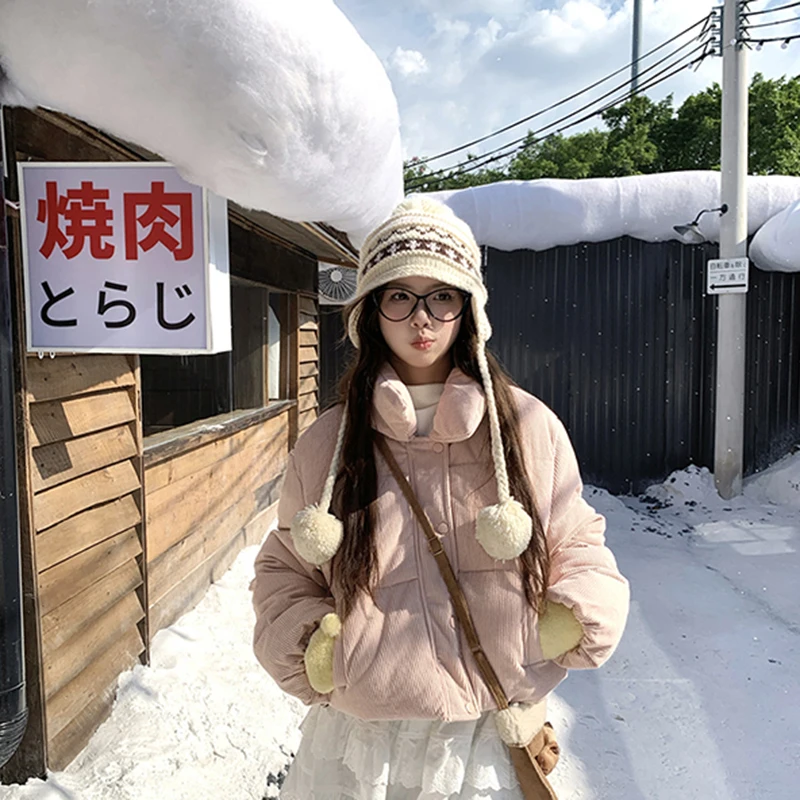 

Вельветовые розовые короткие парки, женская модная черная куртка-пуховик, милые корейские пуховые пальто, зимняя верхняя одежда с длинными рукавами и хлопковой подкладкой