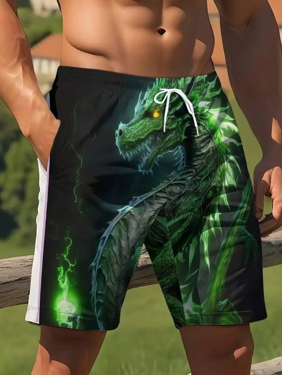 Mens Dragon Print Drawstring Waist Knee Length Quick Dry Swim Trunks Beach Shorts