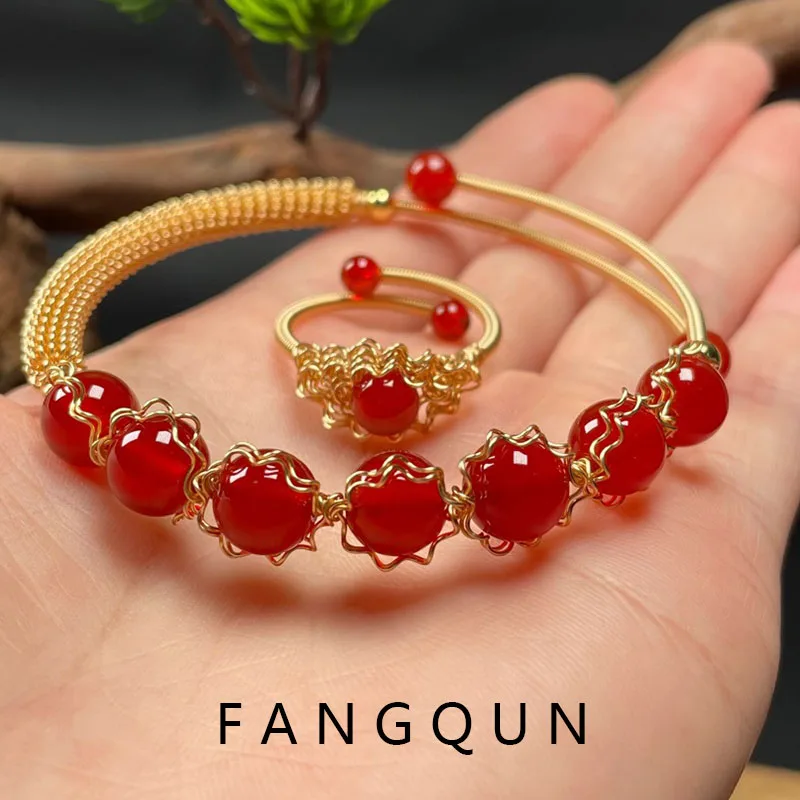 Natural Stone Bangles Cuff Copper Bracelets for Women 14K Copper Plating Gold-Color Wire Wrap Agate Bracelet Exquisite Jewelry