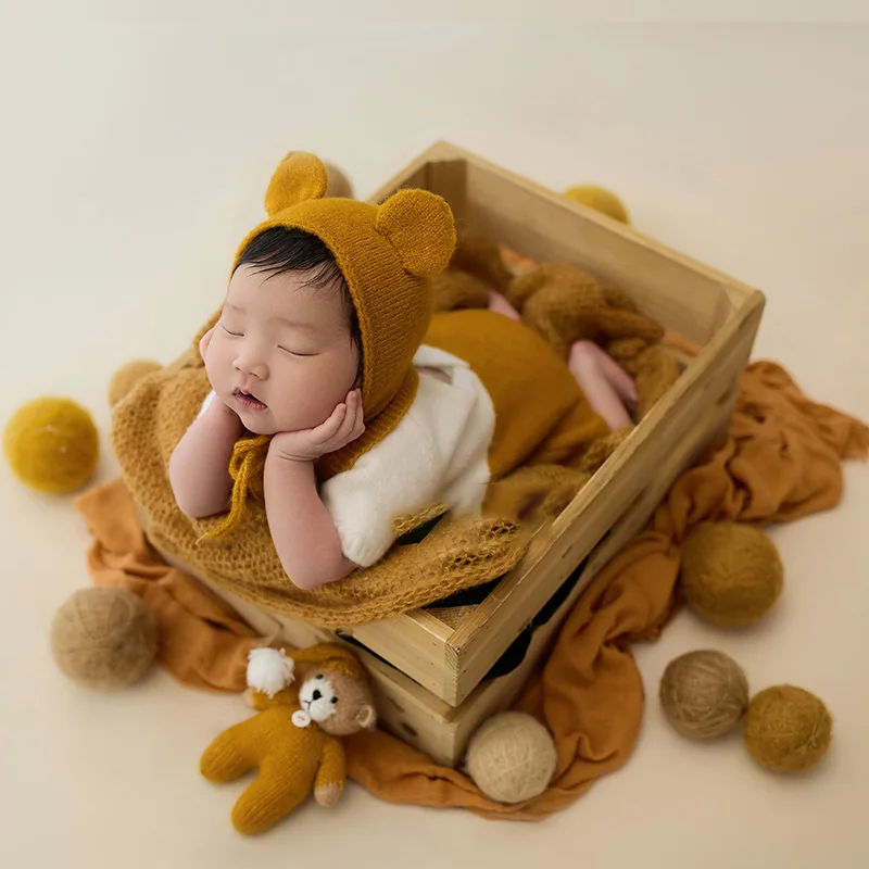 Newborn Baby Outfit Photoshoot Props Knit Bear Baby Gentleman Suit Toy Bear Ball of Yarn Baby Swaddle Wrap Studio Photo Props