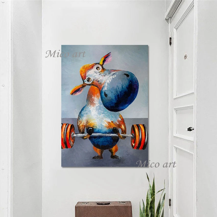 

Abstract Art Animal 3d Oil Painting On Canvas Unframed Outdoor Wall Decor Hotel Artwork Weightlifting Cattle Cartoon Pictures