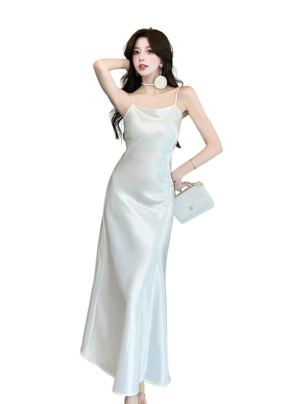 Ele Summer New Silk Satin Strap Dr Women's High Waist Fairy Skirt Sle No Sve mid Length Pure Color Evening Gown