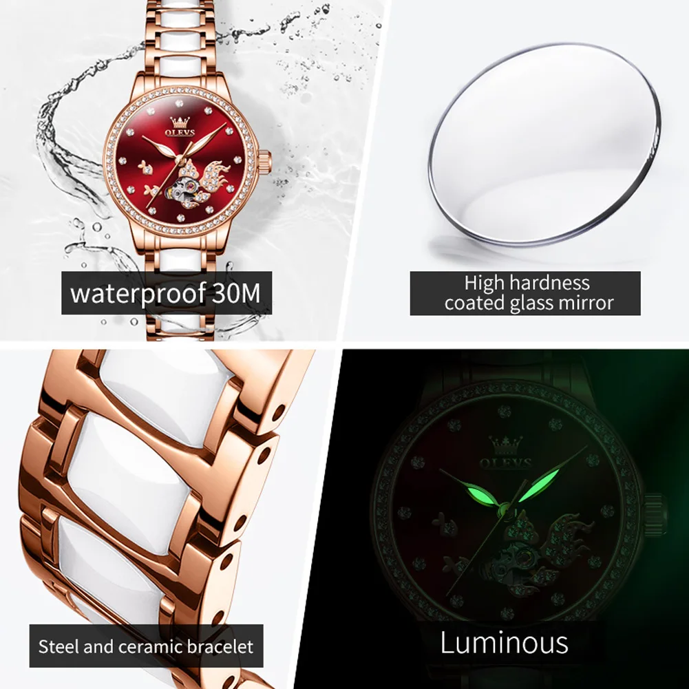 Koi Fish Dial Design OLEVS pulsera de cerámica relojes de mujer reloj mecánico automático de moda de lujo reloj de mujer