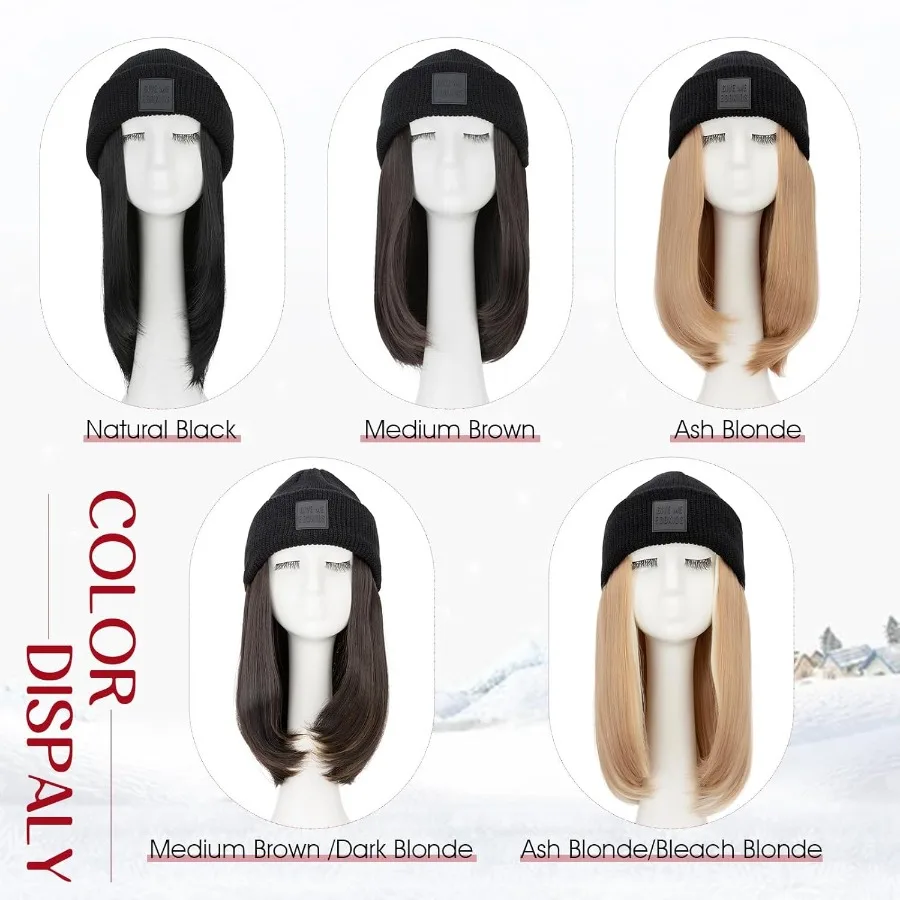 WinterReady قبعة صغيرة محبوكة شعر مستعار مع الرماد شقراء قصيرة مستقيم وصلات شعر للنساء 11 بوصة قطع الشعر للارتداء اليومي St