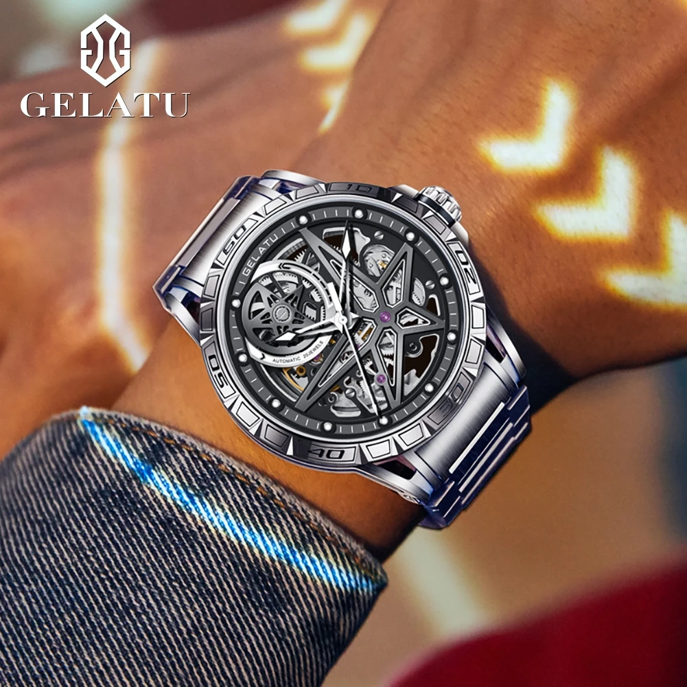 GELATU Original Brand Mechanical Watch for Men Fashion Trends Hollow Gear Dial Full Automatic Wristwatch Luminous Waterproof