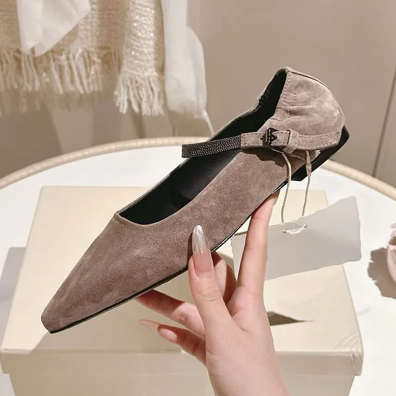 Women's One Strap String Bead Decor Flat Shoes Pointed Toe Genuine Leather Shallow Mouth Mary Jane Shoes Summer Single Shoes