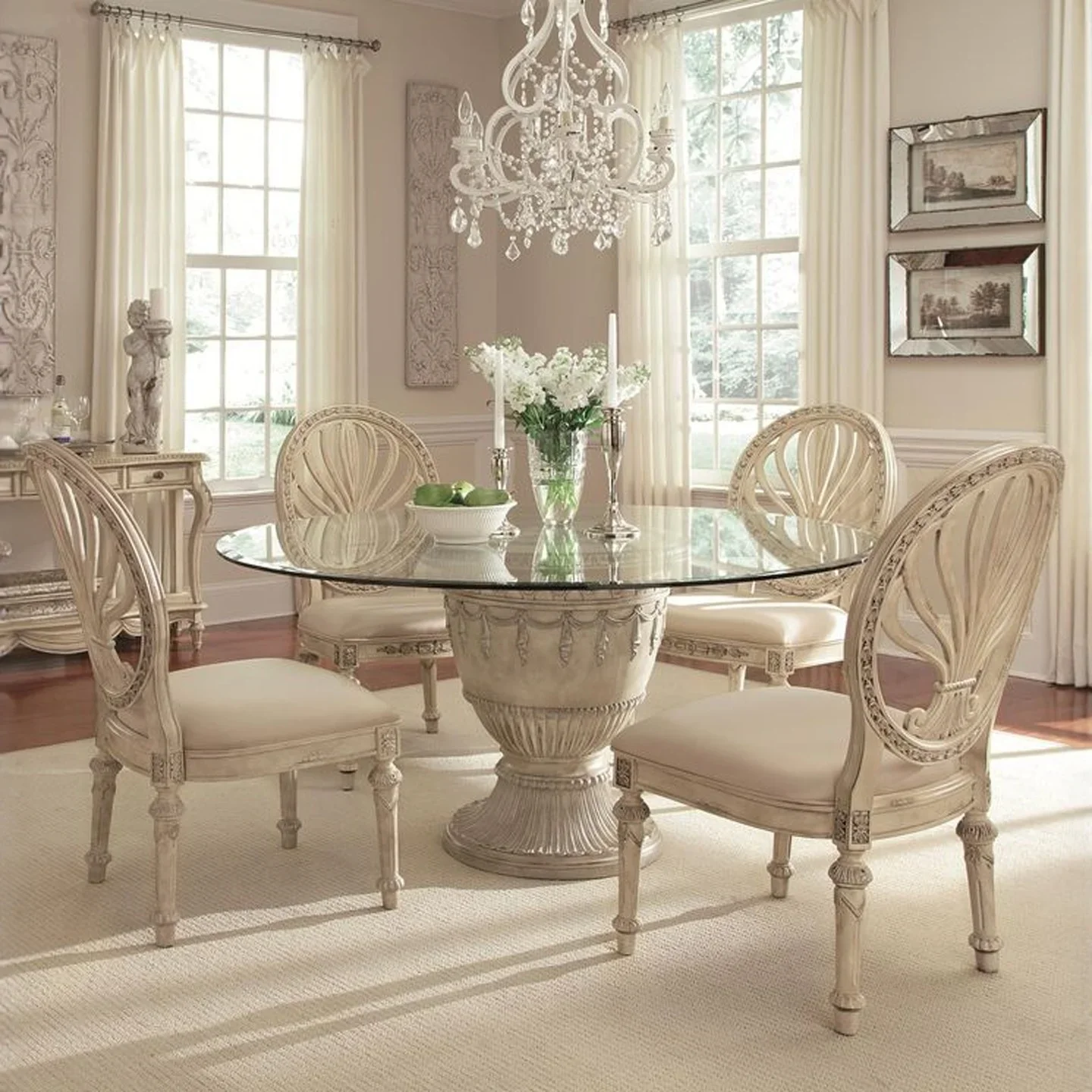 American country solid wood French retro old carved round tempered glass dining table