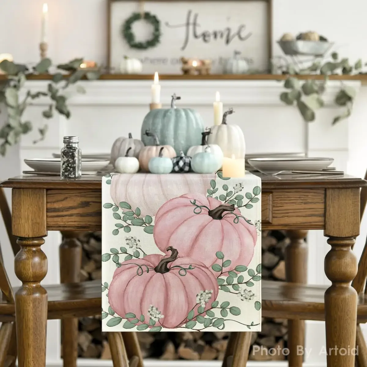 

Halloween Pink Pumpkins Eucalyptus Fall Table Runner Autumn Thanksgiving Kitchen Dining Table Decoration for Home Party Decor