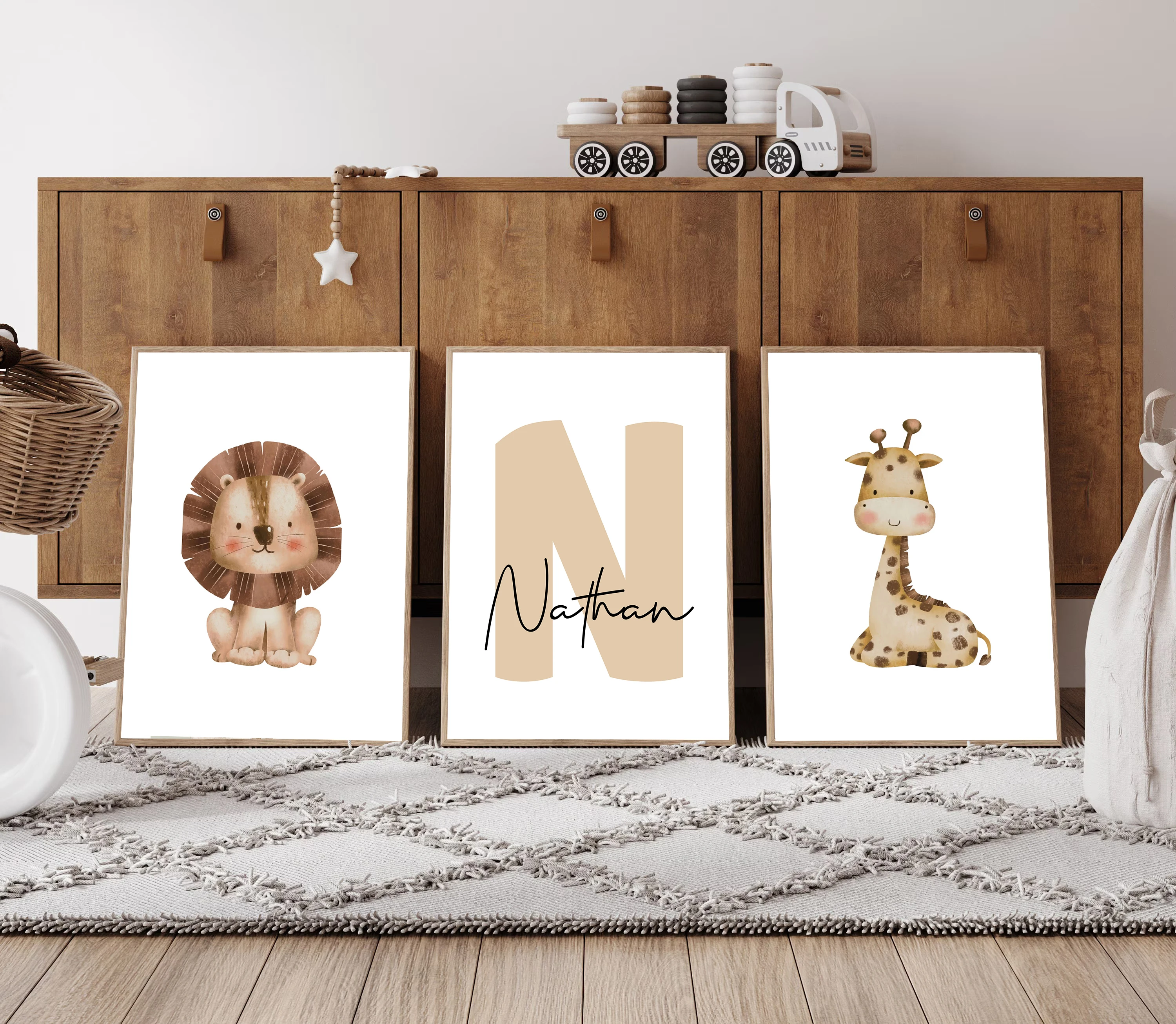 3pcs/set Custom Safari Animal Nursery Canvas Prints Baby Names Initials Lion Giraffe Wall Art Posters for Modern Home Decor