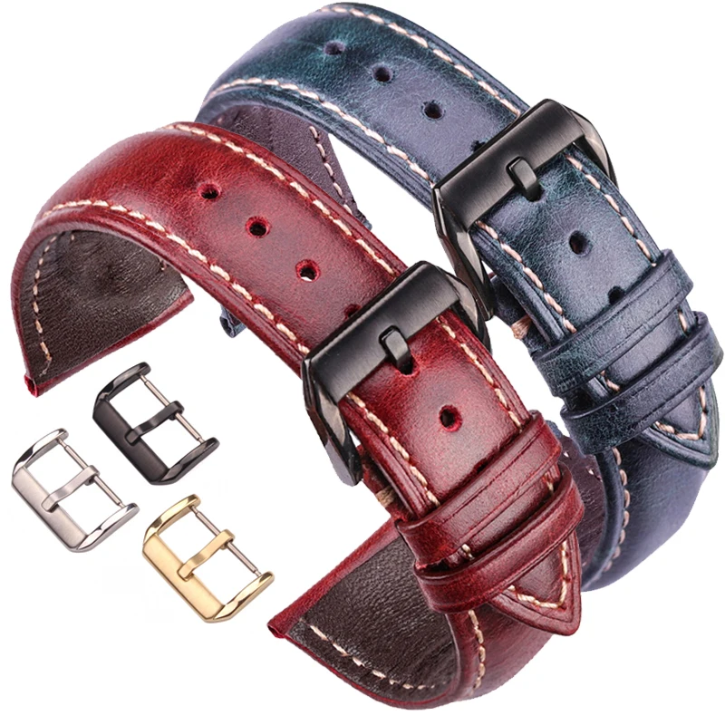 Oil Wax Cow Leather Watch Band Women Men Strap 18mm 20mm 22mm 24mm Blue Red Yellow Green Bracelet With Metal Buckle Watchband