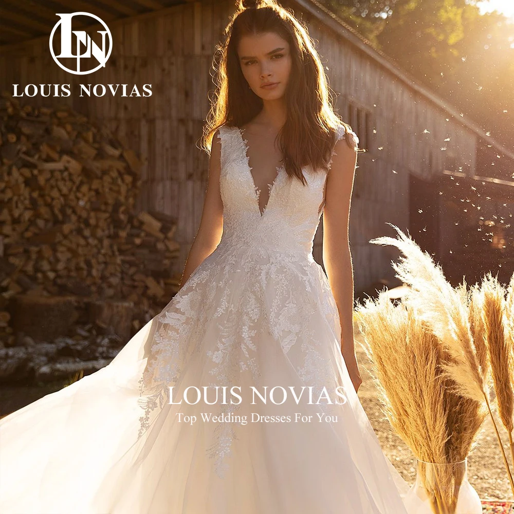 LOUIS NOVIAS Lace Wedding Dresses Sexy Romantic Backless Sequined Brush Train Bridal Gown A-Line V-neck zipper Vestidos De Novia