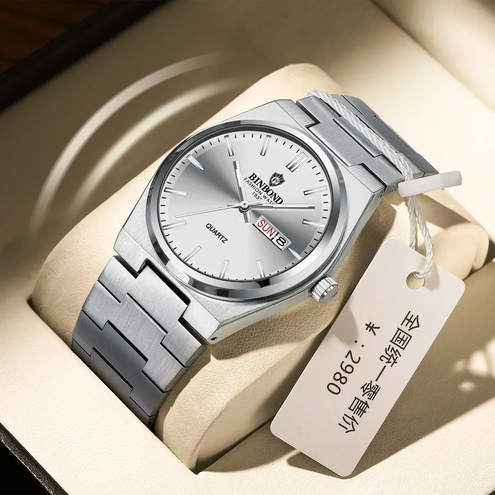 BINBOND 2026 Couple Quartz Watch Men's Original Watch Waterproof Night Light Date Week Stainless Steel Men's and Women's Watch