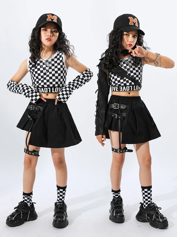 Tiener Meisjes Hip Hop Plaid Crop Top Zwarte Rok Kinderen Streetwear Cool Kleding Sets Street Dance T-shirt Kids Jazz Kostuums