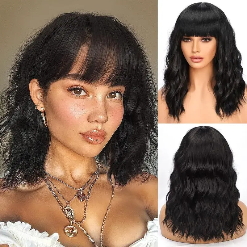 Wig for European and American women with straight bangs, black short curly hair, water wave pattern, high-temperature fiber