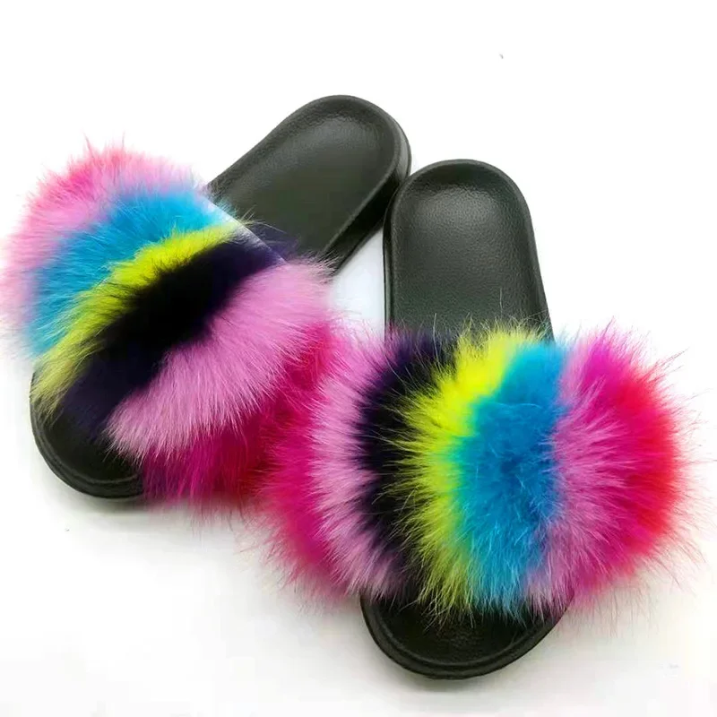 New Fox Hair Sandals Fashionable Flat-bottomed Real Hair One Word Drag Casual Beach Shoes Non-slip Fox Slippers Men Women Shoes