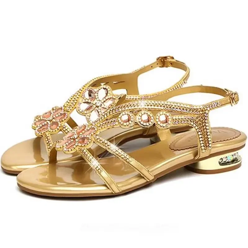 All-Match Rhinestone Sandals Summer Anti-Skid Bohemian Woman Shoe Clear Heels Large Size Suit Female