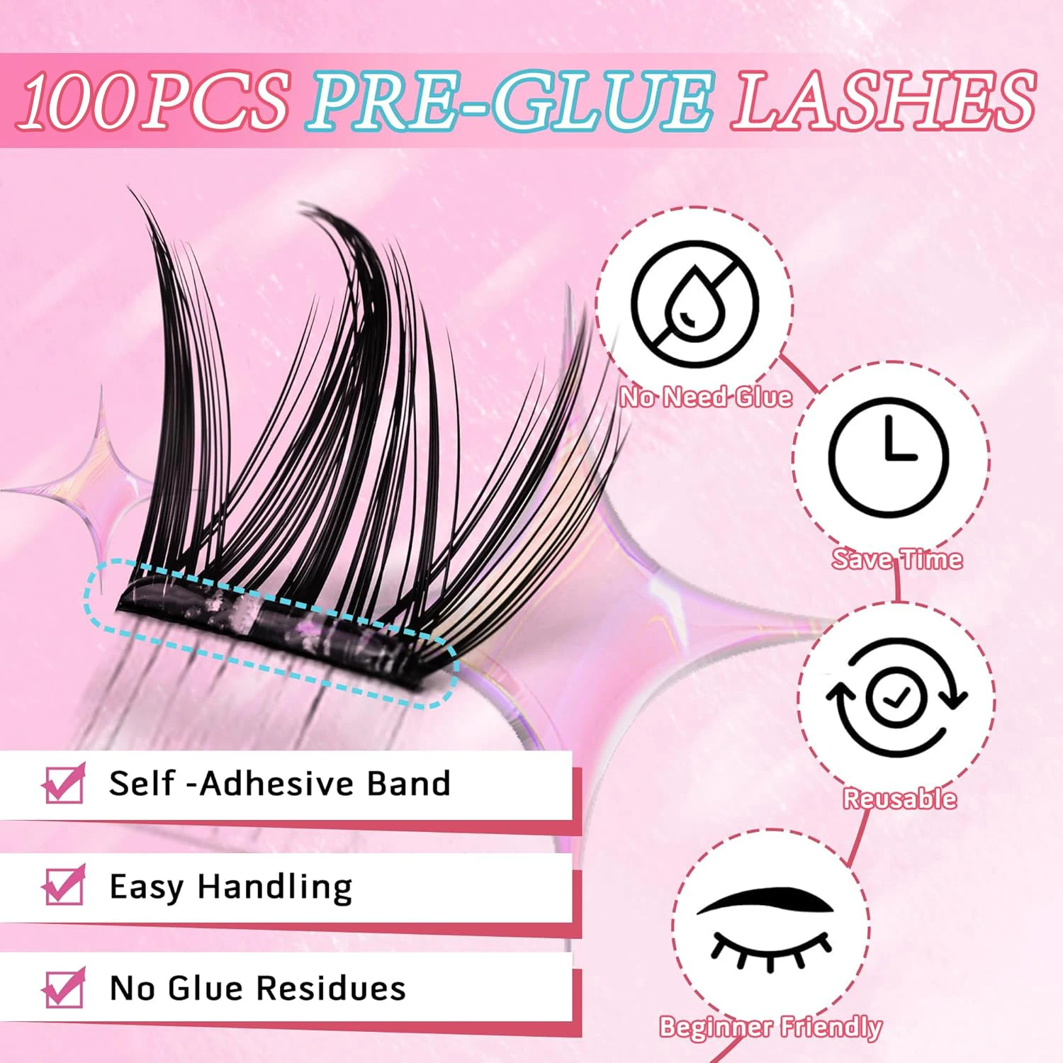 100 قطعة، رموش صناعية ذاتية اللصق على شكل كلاب، رقيق وطبيعي، مع تأثير واقعي على شكل حرف C للاستخدام المنزلي، مناسبة للمبتدئين.