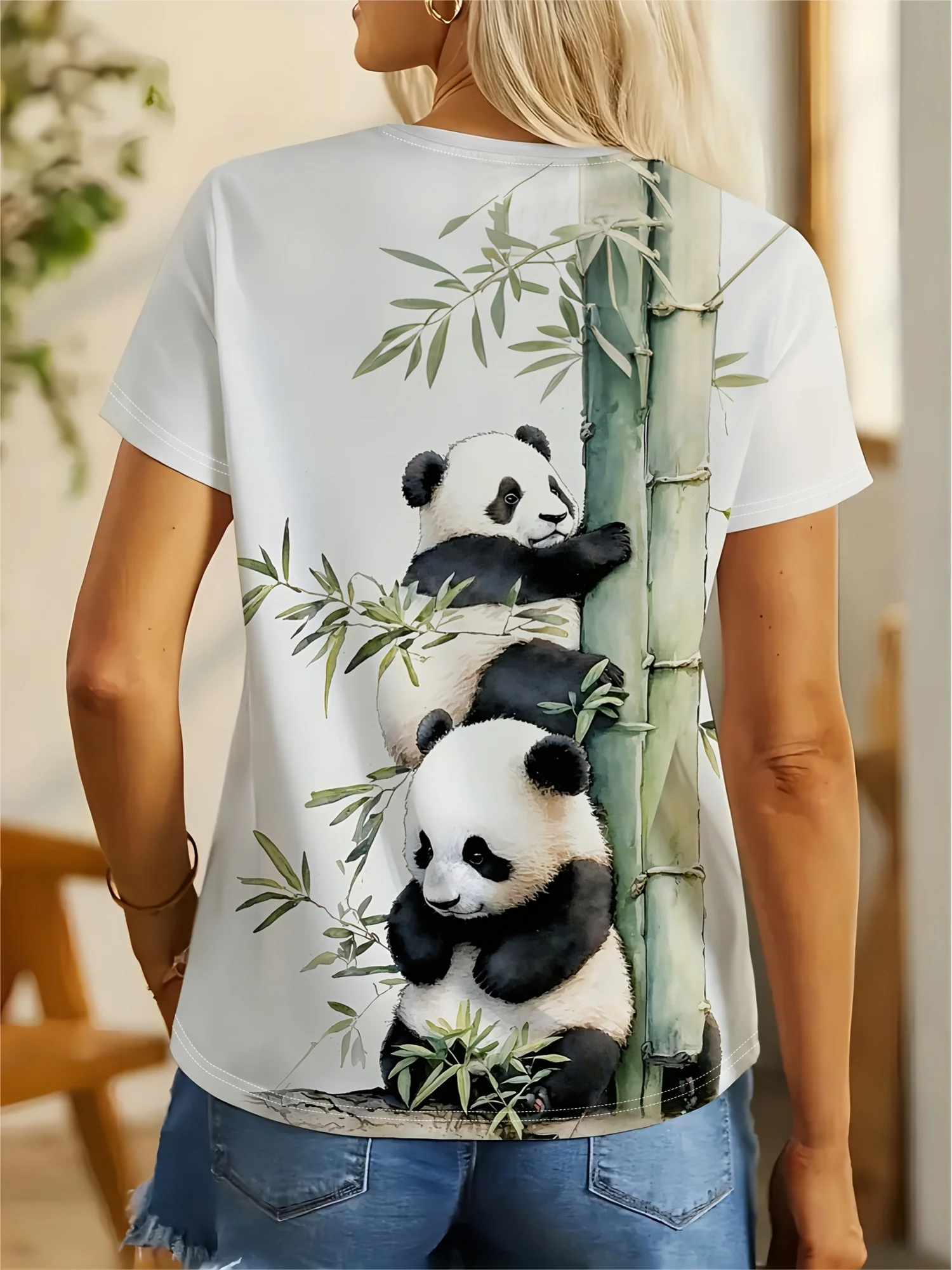 Women Cute Panda Bamboo Watercolor Print T?Shirt,Crew Neck Short Sleeve Animal Art Casual Summer Blouse Tops