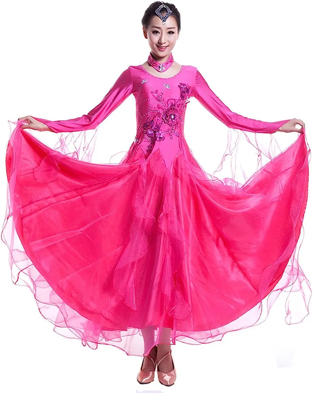 

LATERONON Prom Ballroom Dance Dresses Dancing Modern Smooth Waltz Tango Party Latin Swing Dress Long Sleeve for Women