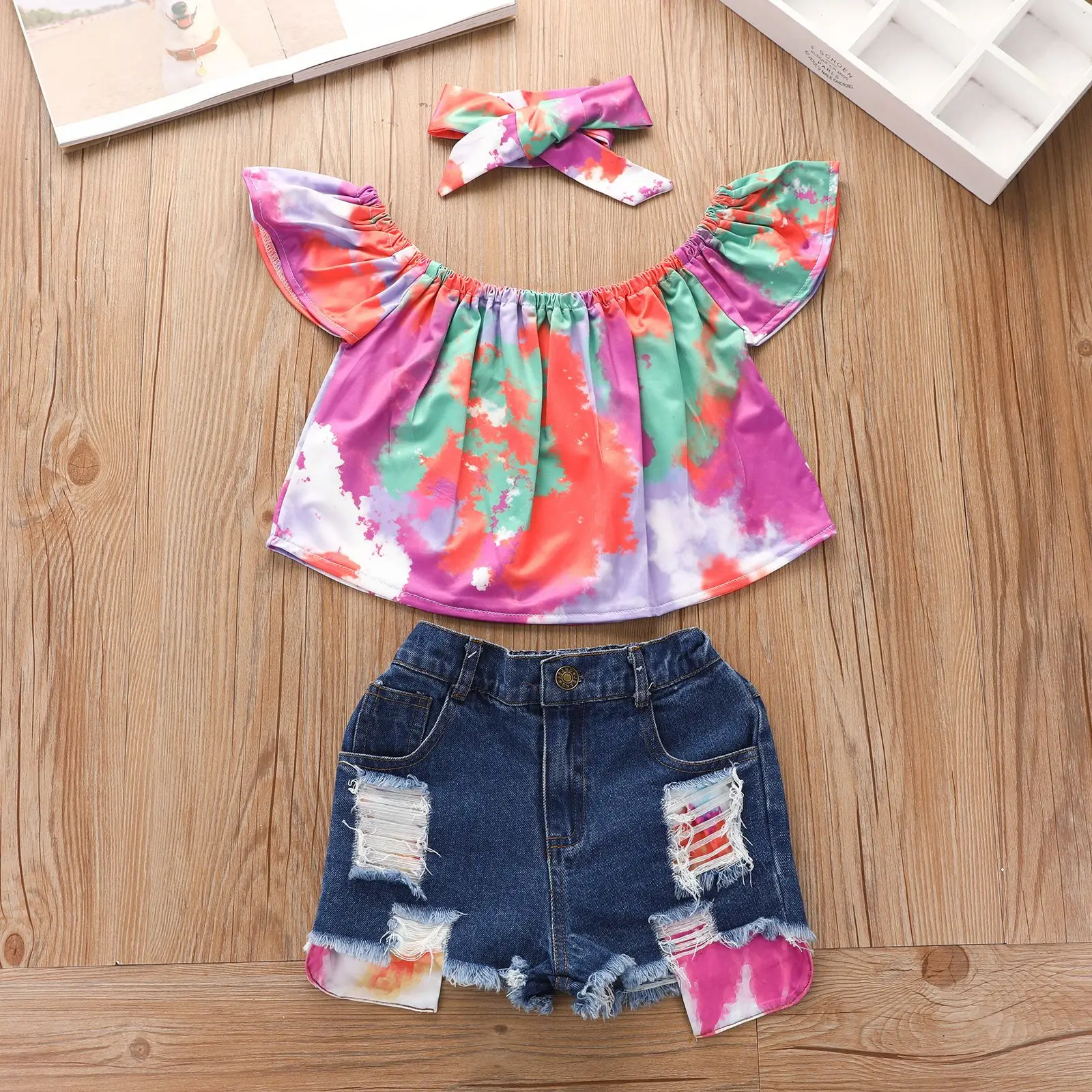 

New Summer Kids Clothes Sets Girls Strapless Tie-dye Print Short Sleeve Top + Ripped Denim Shorts + Headband Children Clothing