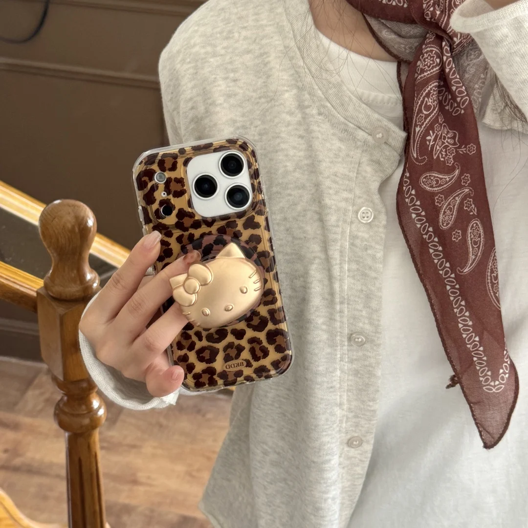 

Cute Hello Kitty Brown Leopard Print Magnetic KT Holder Magsafe Wireless Charge Phone Case For iPhone17 16 15 14 13Pro Max Cover