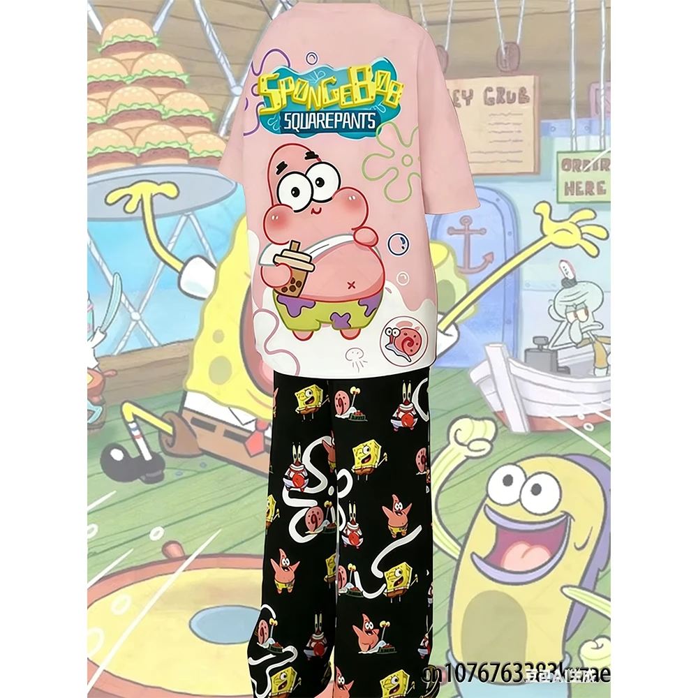

Футболки с принтом Губки Боба и Патрика Стара, пижамные штаны для мужчин и женщин, костюмы больших размеров, летние домашние костюмы для пар, комплект пижам