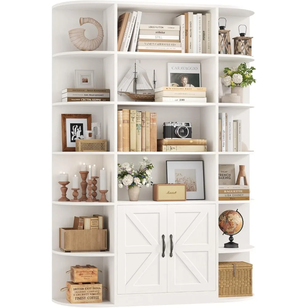 Six-Tier 75 Inch Tall Wooden Bookshelf with Storage and 47 Inch Wide Bookcase Featuring Doors for Freestanding Display