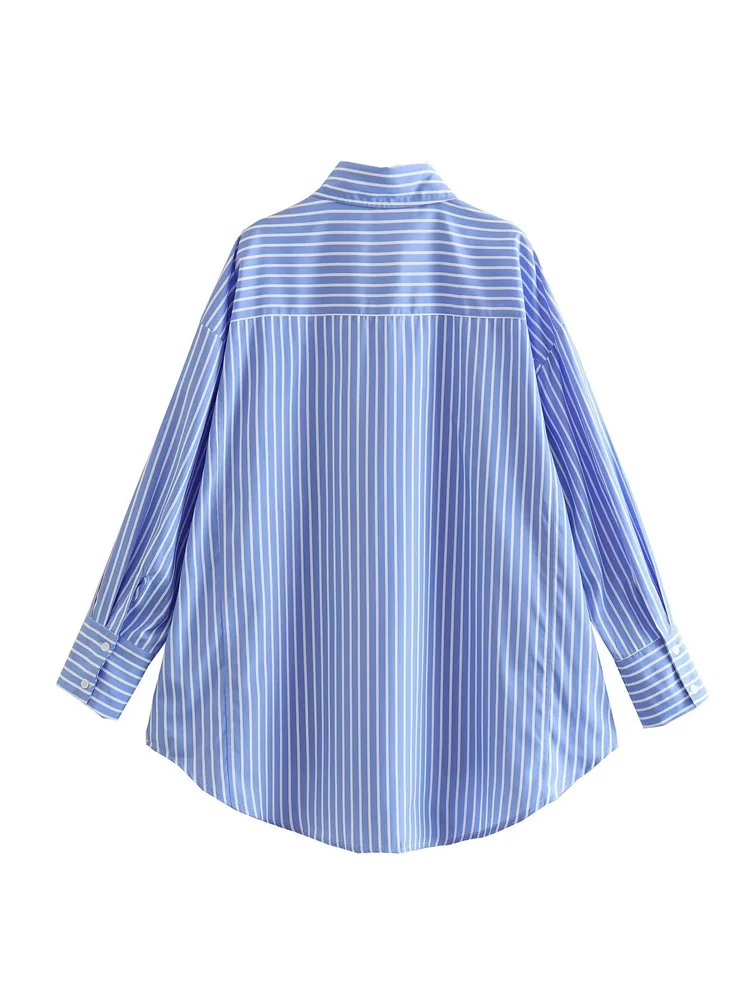 Woman Casual Loose Blue White Striped Shirts 2023 Spring Female Oversized Long Sleeve Shirts Ladies Chic Oversized Shirts