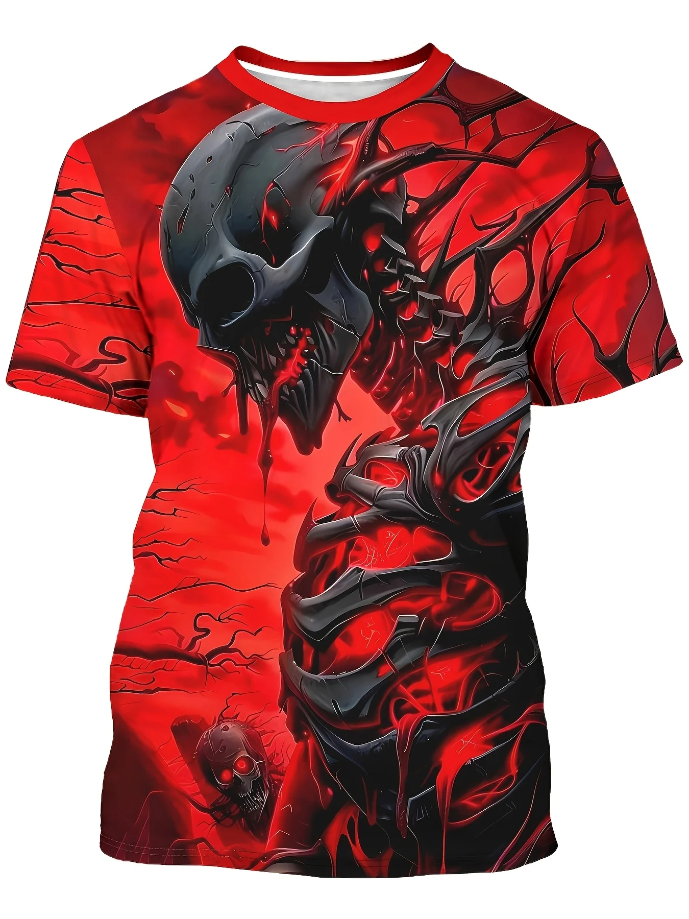 

Men's 3D Skull Print Graphic Tee - Edgy Red & Black Design with Menacing Detail,Casual Polyester Round Neck Short Sleeve T-Shirt