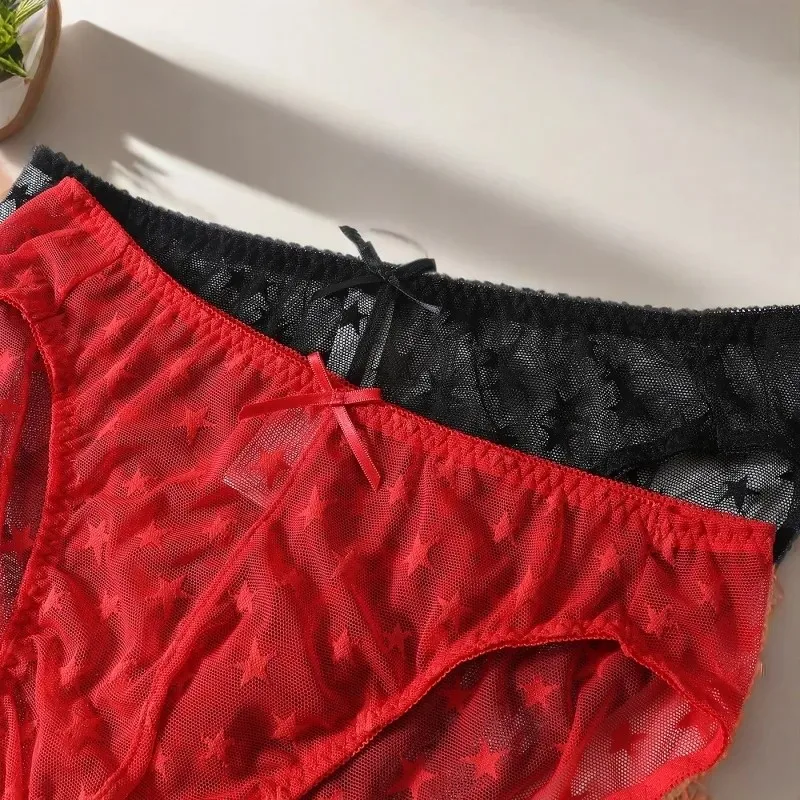 Men's Mid Low Waist Cross-Dressing Transparent Underwear Hollow Out Lace Bow Sweet Cute Sexy Convex Pouch Briefs