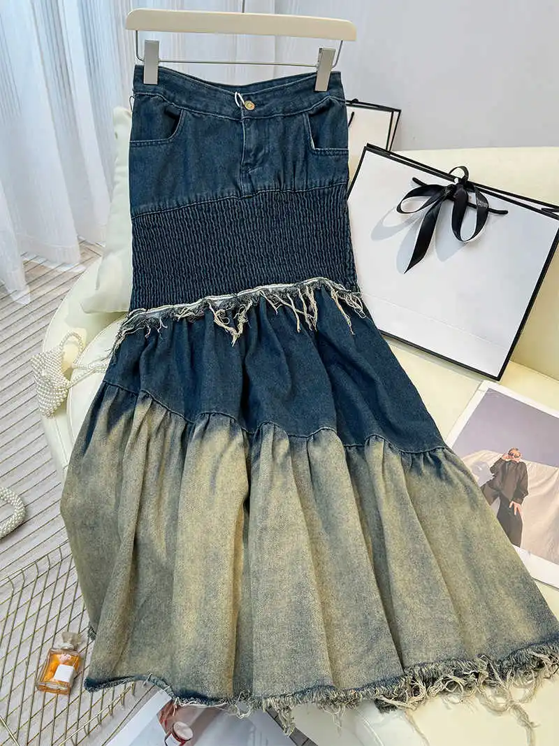 

Vintage Patchwork Design Women's Denim Skirt Spring Autumn High Waist Wraphip Dresses Daily Commuting Fishtail Skirtes