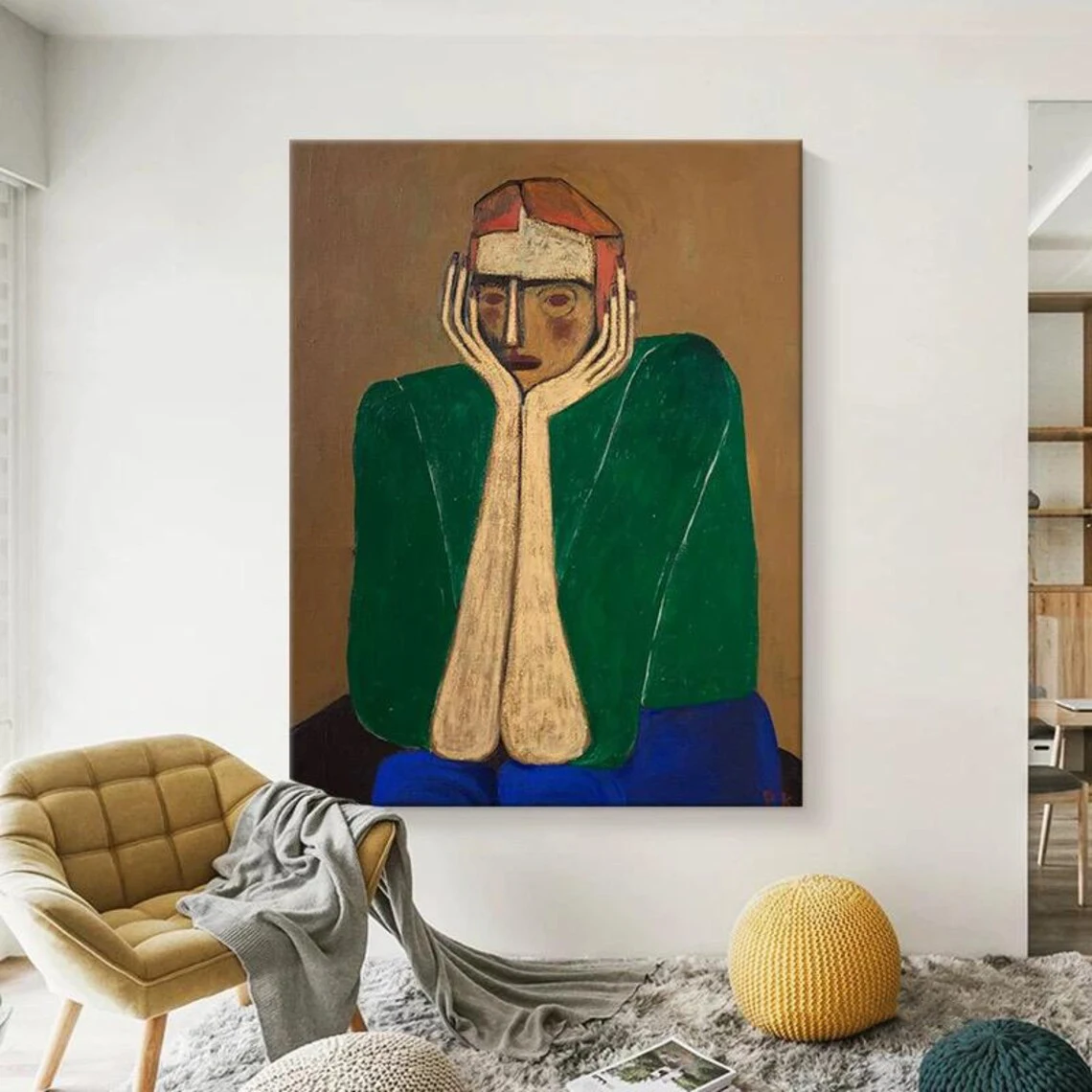 

Hand Painted Figure Wall Art Minimalism Abstract Handmade Painting Green Abstract Textured Painting Style Portrait Lady Painting